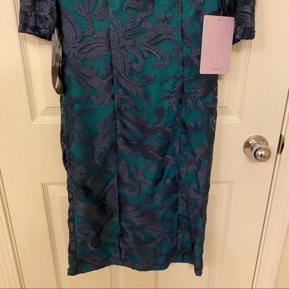 JS Collections Embroidered Sheath Dress in Navy Blue/Kelly Green - Picture 7 of 14